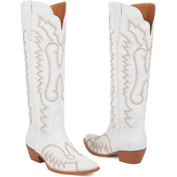 Women's White Western Cowboy Boots Knee High Chunky Heel Embroidery Boots - Picture 5 of 7